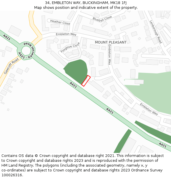 34, EMBLETON WAY, BUCKINGHAM, MK18 1FJ: Location map and indicative extent of plot