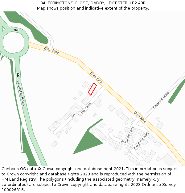 34, ERRINGTONS CLOSE, OADBY, LEICESTER, LE2 4RP: Location map and indicative extent of plot
