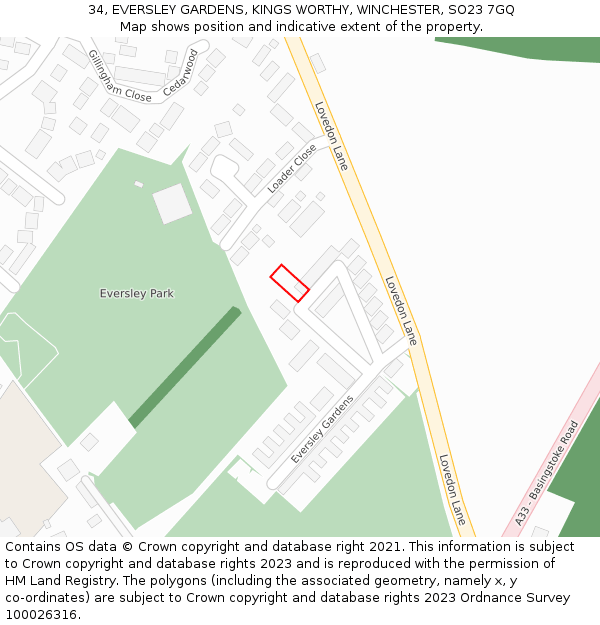 34, EVERSLEY GARDENS, KINGS WORTHY, WINCHESTER, SO23 7GQ: Location map and indicative extent of plot