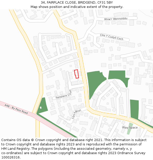 34, FAIRPLACE CLOSE, BRIDGEND, CF31 5BY: Location map and indicative extent of plot