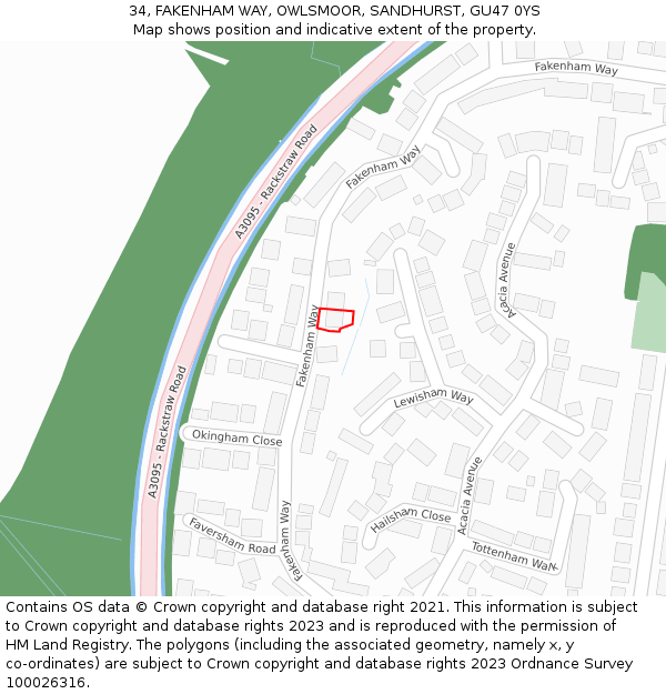 34, FAKENHAM WAY, OWLSMOOR, SANDHURST, GU47 0YS: Location map and indicative extent of plot
