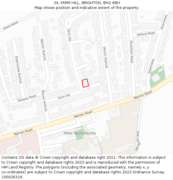 34, FARM HILL, BRIGHTON, BN2 6BH: Location map and indicative extent of plot