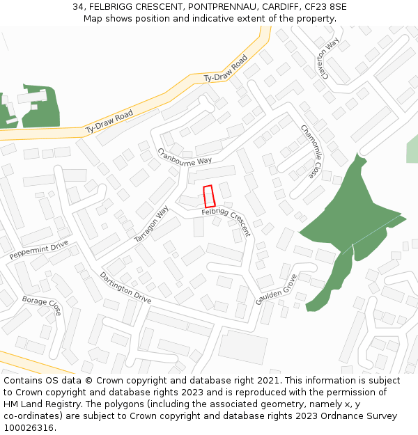 34, FELBRIGG CRESCENT, PONTPRENNAU, CARDIFF, CF23 8SE: Location map and indicative extent of plot
