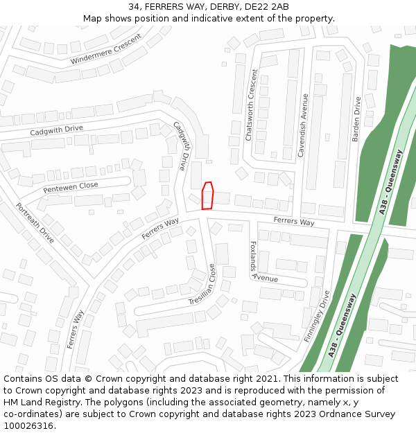 34, FERRERS WAY, DERBY, DE22 2AB: Location map and indicative extent of plot