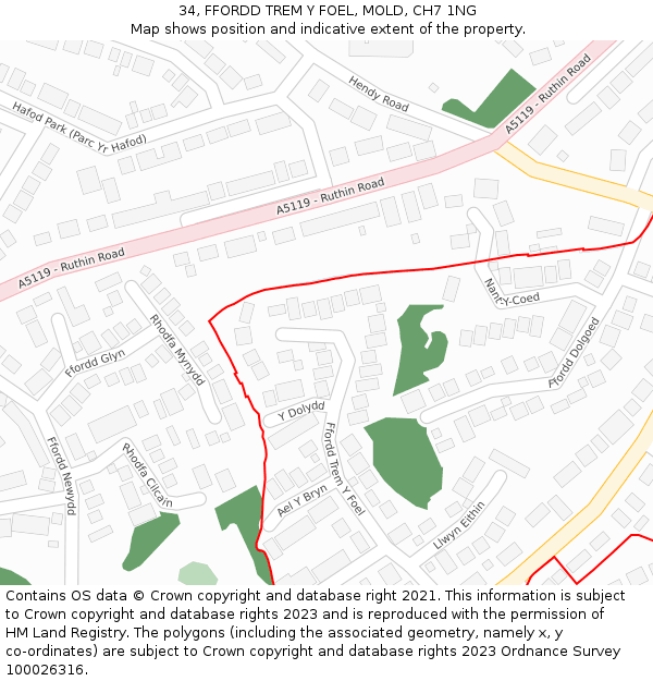 34, FFORDD TREM Y FOEL, MOLD, CH7 1NG: Location map and indicative extent of plot