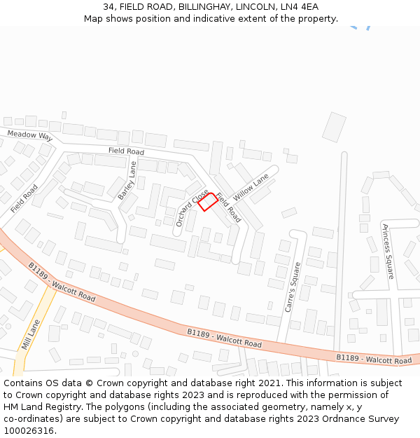 34, FIELD ROAD, BILLINGHAY, LINCOLN, LN4 4EA: Location map and indicative extent of plot