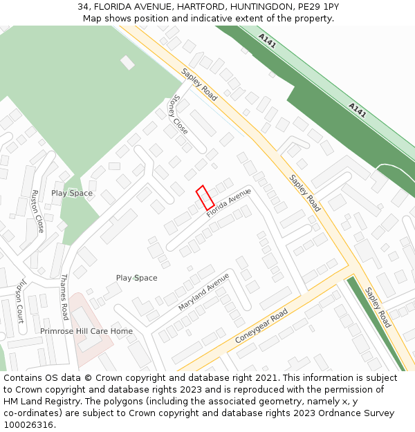 34, FLORIDA AVENUE, HARTFORD, HUNTINGDON, PE29 1PY: Location map and indicative extent of plot