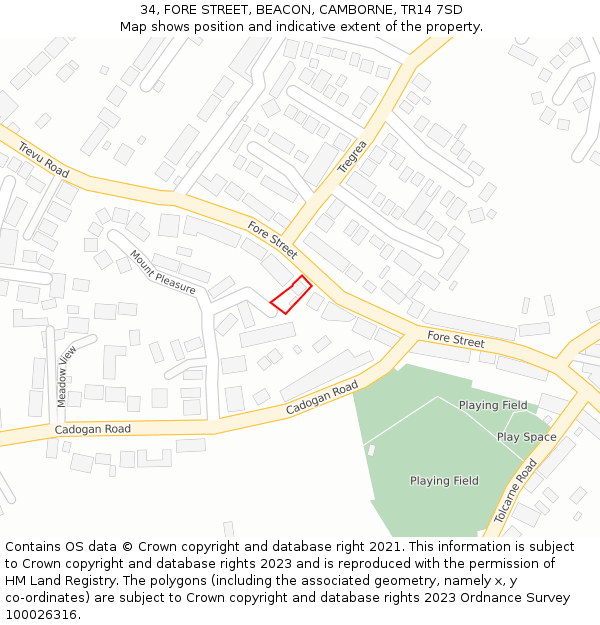 34, FORE STREET, BEACON, CAMBORNE, TR14 7SD: Location map and indicative extent of plot