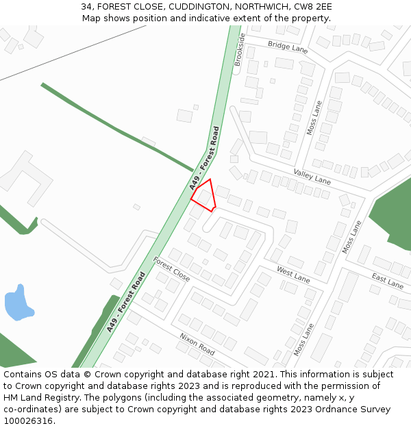 34, FOREST CLOSE, CUDDINGTON, NORTHWICH, CW8 2EE: Location map and indicative extent of plot