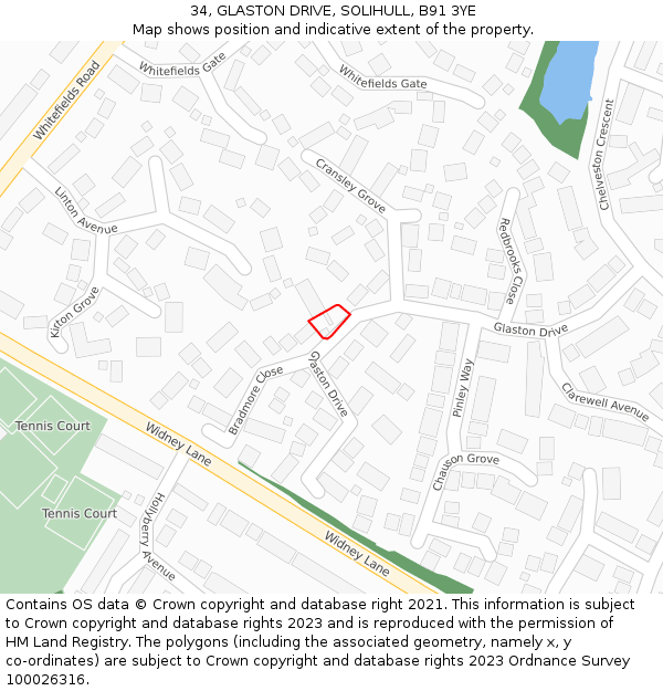 34, GLASTON DRIVE, SOLIHULL, B91 3YE: Location map and indicative extent of plot