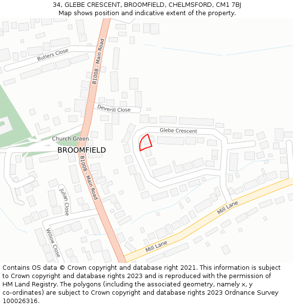 34, GLEBE CRESCENT, BROOMFIELD, CHELMSFORD, CM1 7BJ: Location map and indicative extent of plot
