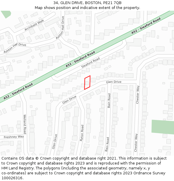 34, GLEN DRIVE, BOSTON, PE21 7QB: Location map and indicative extent of plot