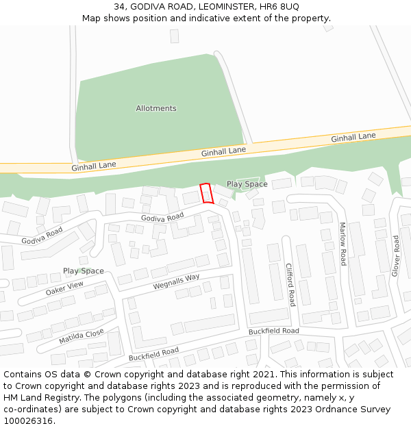 34, GODIVA ROAD, LEOMINSTER, HR6 8UQ: Location map and indicative extent of plot