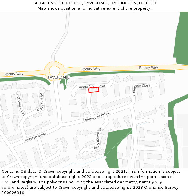 34, GREENSFIELD CLOSE, FAVERDALE, DARLINGTON, DL3 0ED: Location map and indicative extent of plot