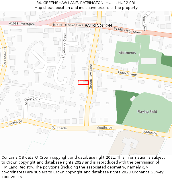 34, GREENSHAW LANE, PATRINGTON, HULL, HU12 0RL: Location map and indicative extent of plot
