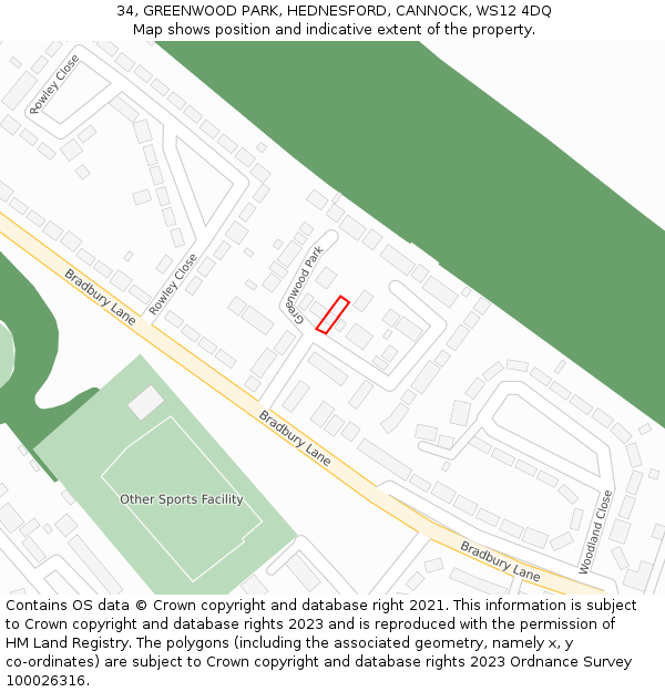 34, GREENWOOD PARK, HEDNESFORD, CANNOCK, WS12 4DQ: Location map and indicative extent of plot