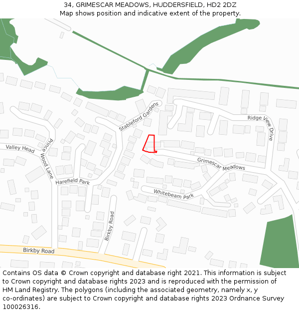 34, GRIMESCAR MEADOWS, HUDDERSFIELD, HD2 2DZ: Location map and indicative extent of plot