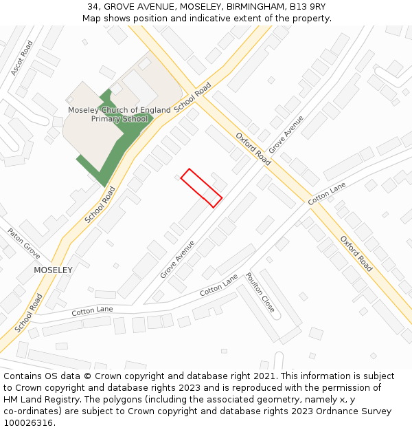 34, GROVE AVENUE, MOSELEY, BIRMINGHAM, B13 9RY: Location map and indicative extent of plot