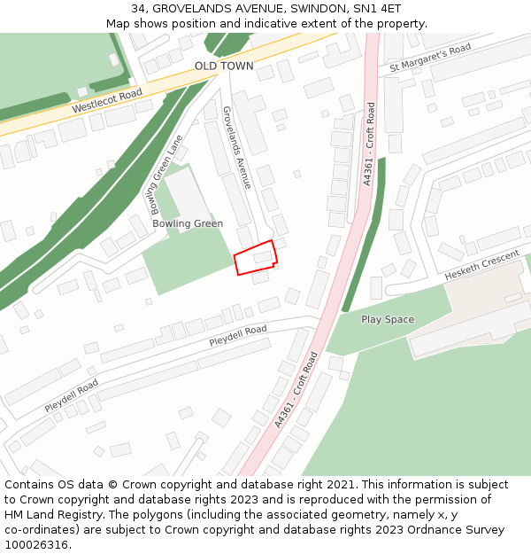 34, GROVELANDS AVENUE, SWINDON, SN1 4ET: Location map and indicative extent of plot