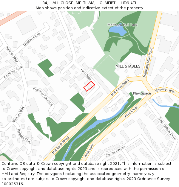 34, HALL CLOSE, MELTHAM, HOLMFIRTH, HD9 4EL: Location map and indicative extent of plot