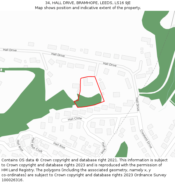 34, HALL DRIVE, BRAMHOPE, LEEDS, LS16 9JE: Location map and indicative extent of plot
