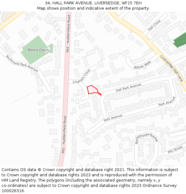 34, HALL PARK AVENUE, LIVERSEDGE, WF15 7EH: Location map and indicative extent of plot