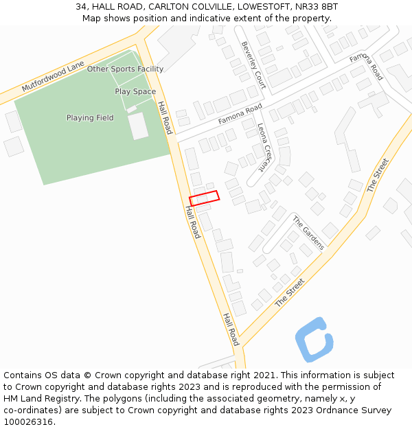 34, HALL ROAD, CARLTON COLVILLE, LOWESTOFT, NR33 8BT: Location map and indicative extent of plot