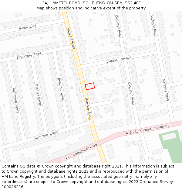 34, HAMSTEL ROAD, SOUTHEND-ON-SEA, SS2 4PF: Location map and indicative extent of plot