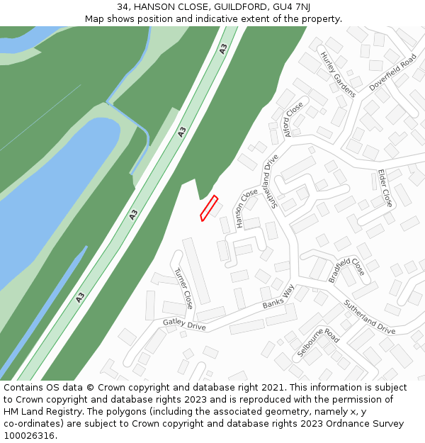 34, HANSON CLOSE, GUILDFORD, GU4 7NJ: Location map and indicative extent of plot