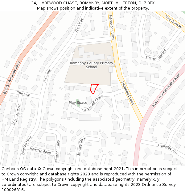 34, HAREWOOD CHASE, ROMANBY, NORTHALLERTON, DL7 8FX: Location map and indicative extent of plot