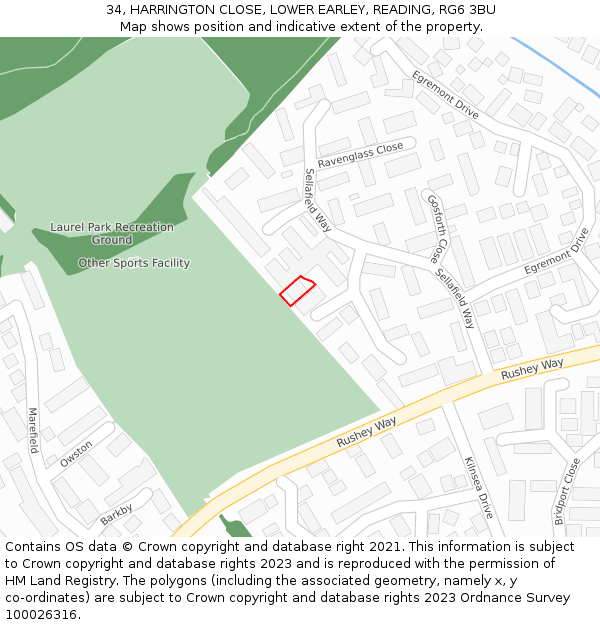 34, HARRINGTON CLOSE, LOWER EARLEY, READING, RG6 3BU: Location map and indicative extent of plot