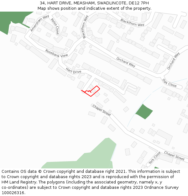 34, HART DRIVE, MEASHAM, SWADLINCOTE, DE12 7PH: Location map and indicative extent of plot