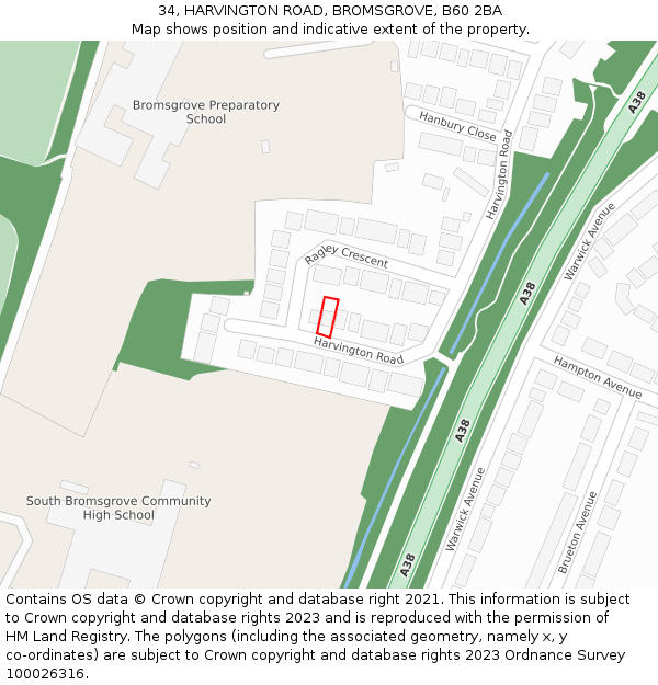 34, HARVINGTON ROAD, BROMSGROVE, B60 2BA: Location map and indicative extent of plot