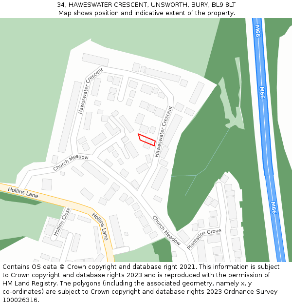 34, HAWESWATER CRESCENT, UNSWORTH, BURY, BL9 8LT: Location map and indicative extent of plot