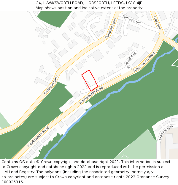 34, HAWKSWORTH ROAD, HORSFORTH, LEEDS, LS18 4JP: Location map and indicative extent of plot