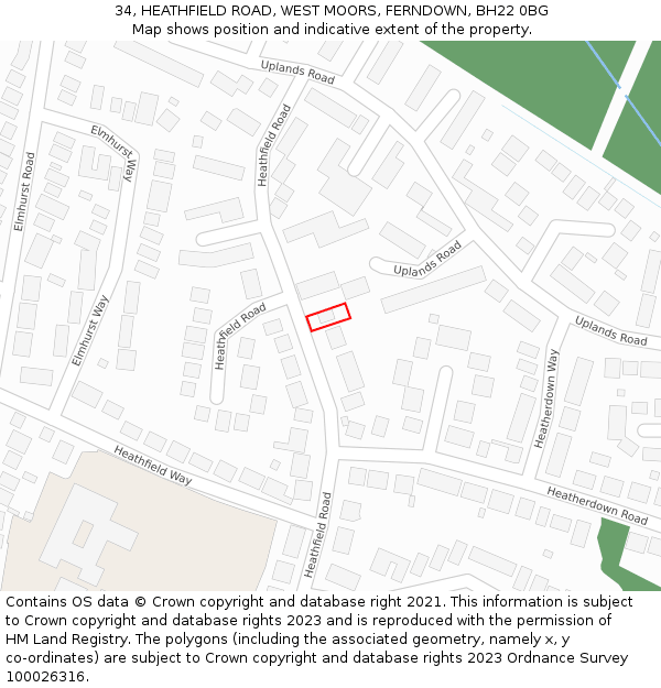 34, HEATHFIELD ROAD, WEST MOORS, FERNDOWN, BH22 0BG: Location map and indicative extent of plot