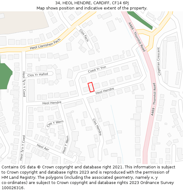 34, HEOL HENDRE, CARDIFF, CF14 6PJ: Location map and indicative extent of plot