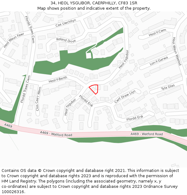 34, HEOL YSGUBOR, CAERPHILLY, CF83 1SR: Location map and indicative extent of plot