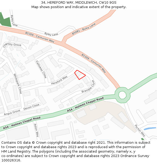 34, HEREFORD WAY, MIDDLEWICH, CW10 9GS: Location map and indicative extent of plot