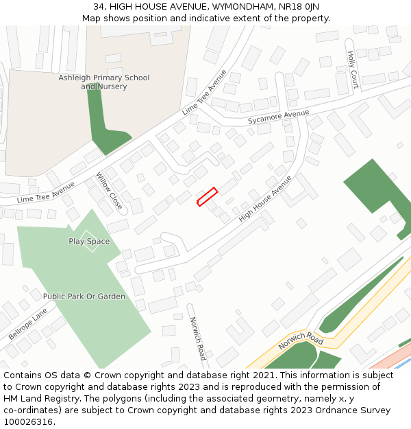 34, HIGH HOUSE AVENUE, WYMONDHAM, NR18 0JN: Location map and indicative extent of plot