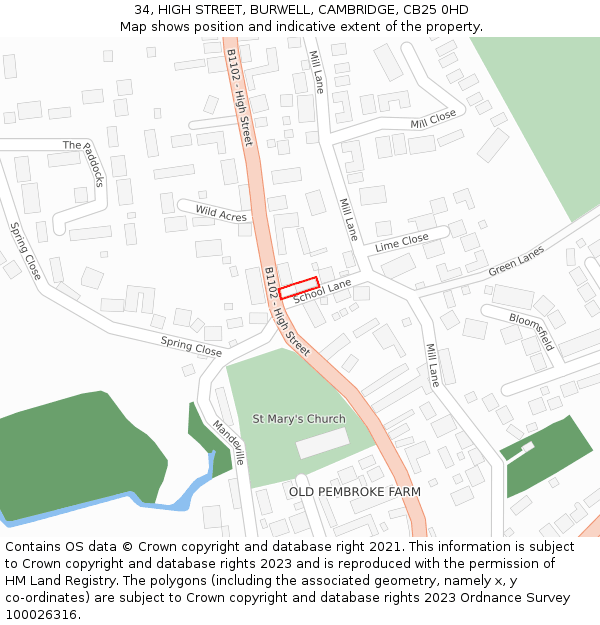 34, HIGH STREET, BURWELL, CAMBRIDGE, CB25 0HD: Location map and indicative extent of plot