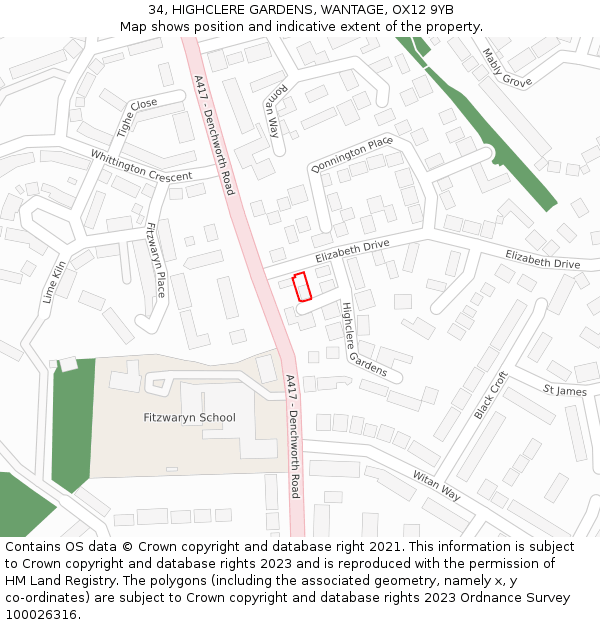34, HIGHCLERE GARDENS, WANTAGE, OX12 9YB: Location map and indicative extent of plot