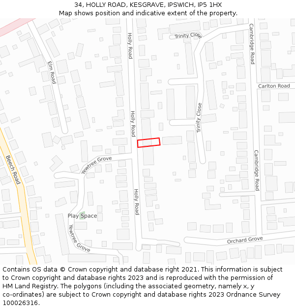 34, HOLLY ROAD, KESGRAVE, IPSWICH, IP5 1HX: Location map and indicative extent of plot