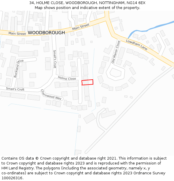 34, HOLME CLOSE, WOODBOROUGH, NOTTINGHAM, NG14 6EX: Location map and indicative extent of plot