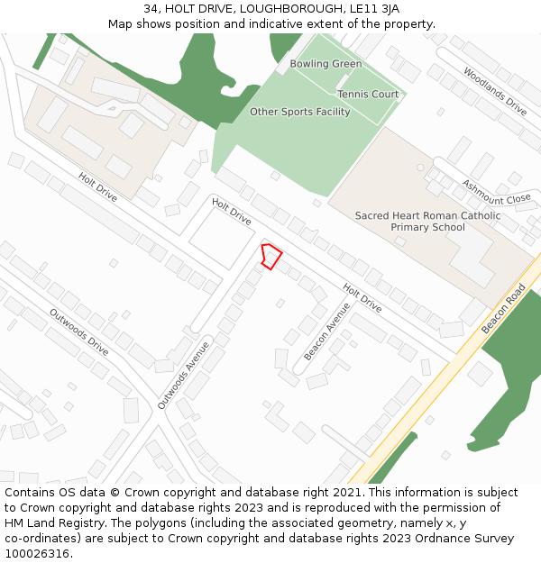 34, HOLT DRIVE, LOUGHBOROUGH, LE11 3JA: Location map and indicative extent of plot