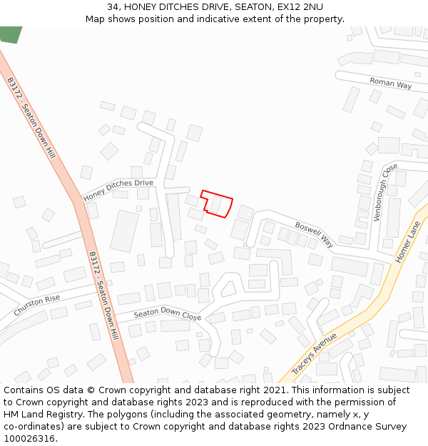 34, HONEY DITCHES DRIVE, SEATON, EX12 2NU: Location map and indicative extent of plot
