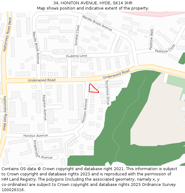 34, HONITON AVENUE, HYDE, SK14 3HR: Location map and indicative extent of plot