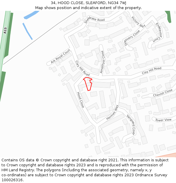 34, HOOD CLOSE, SLEAFORD, NG34 7WJ: Location map and indicative extent of plot