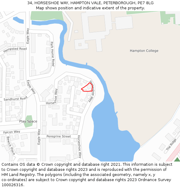 34, HORSESHOE WAY, HAMPTON VALE, PETERBOROUGH, PE7 8LG: Location map and indicative extent of plot