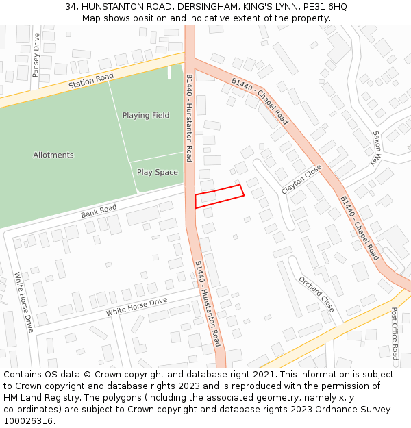 34, HUNSTANTON ROAD, DERSINGHAM, KING'S LYNN, PE31 6HQ: Location map and indicative extent of plot